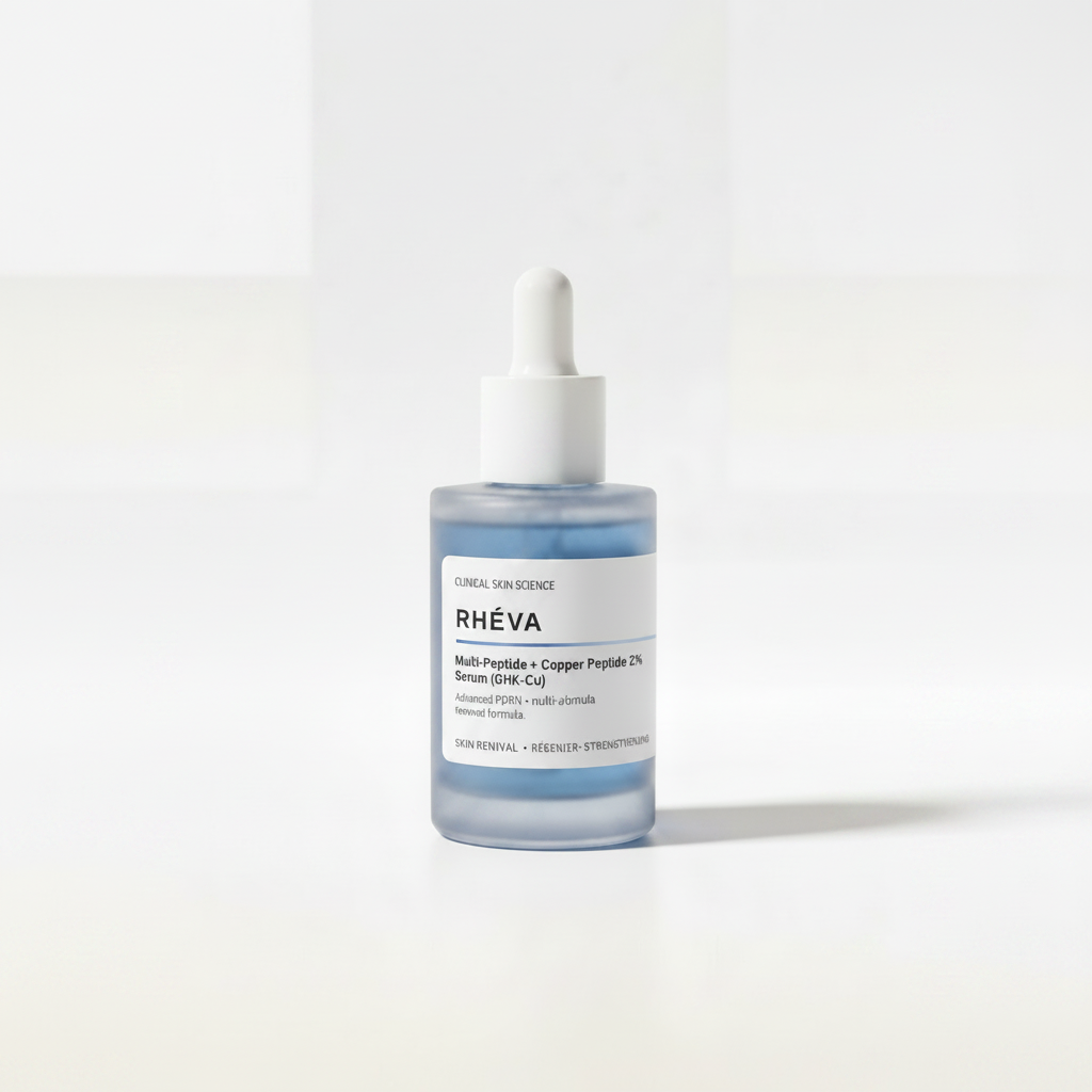 RHÉVA copper peptide GHK-Cu serum bottle on white background