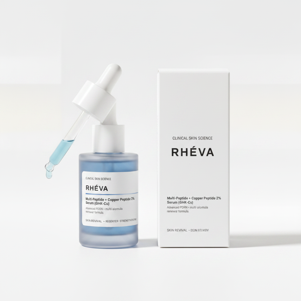 RHÉVA copper peptide GHK-Cu serum bottle and box on white background with pipette