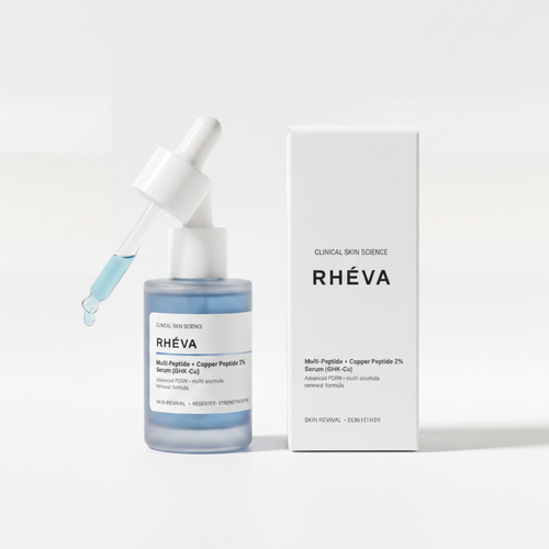 RHÉVA copper peptide GHK-Cu serum bottle and box on white background with pipette
