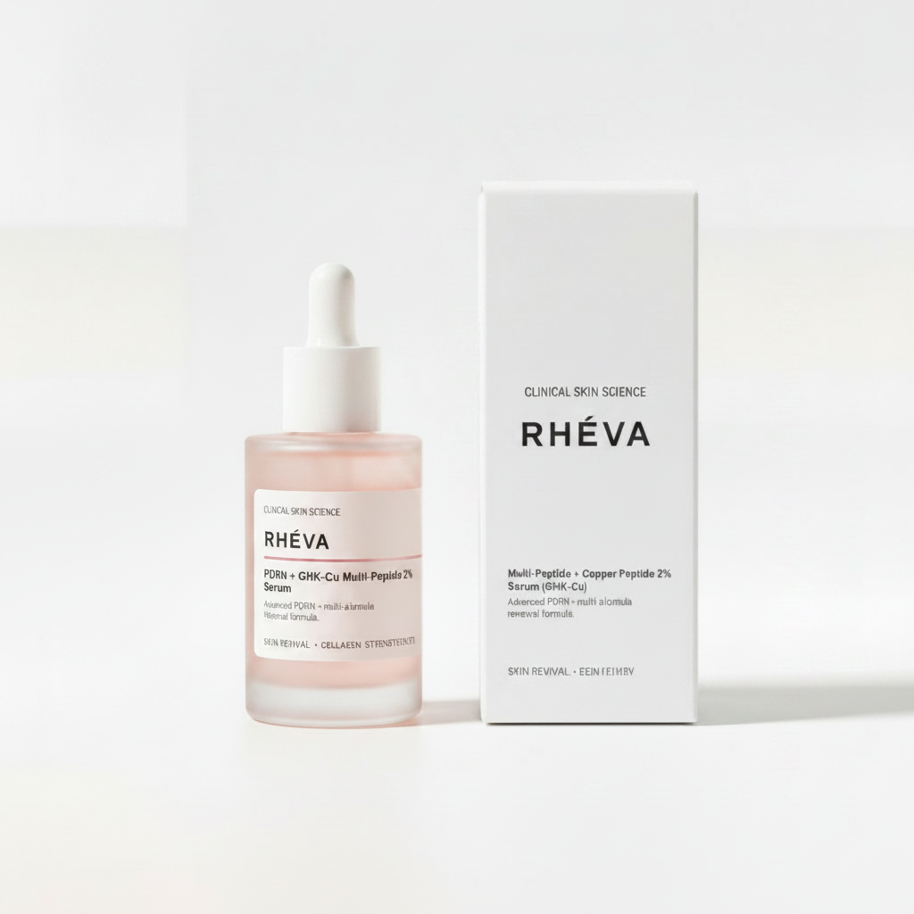 RHÉVA peptide & PDRN active serum bottle and box on white background