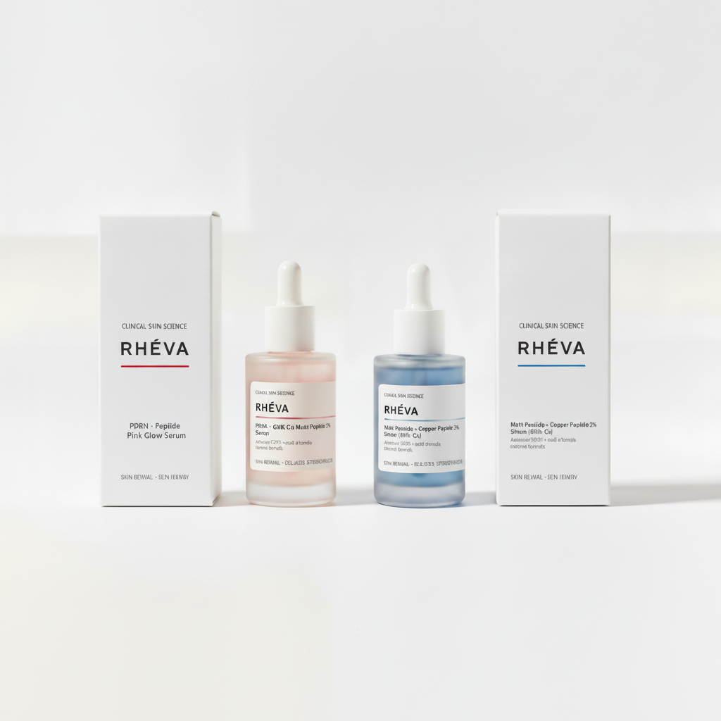 RHÉVA peptide & PDRN active serum bottle and box on white background Bundle 