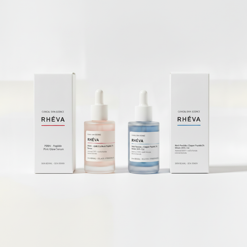RHÉVA peptide & PDRN active serum bottle and box on white background Bundle 