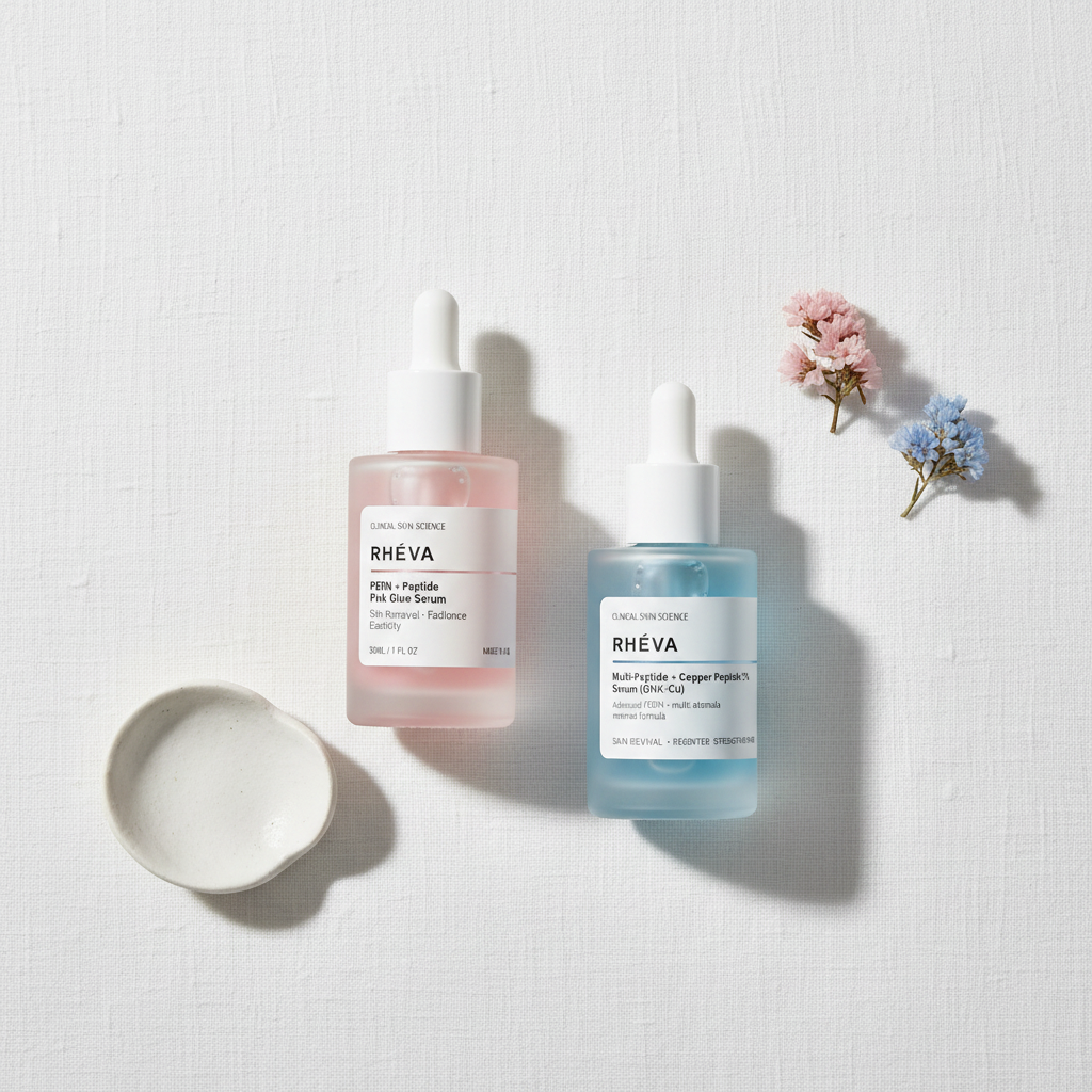 RHÉVA peptide & PDRN active serum bottle on white background Bundle flower Aesthetic 