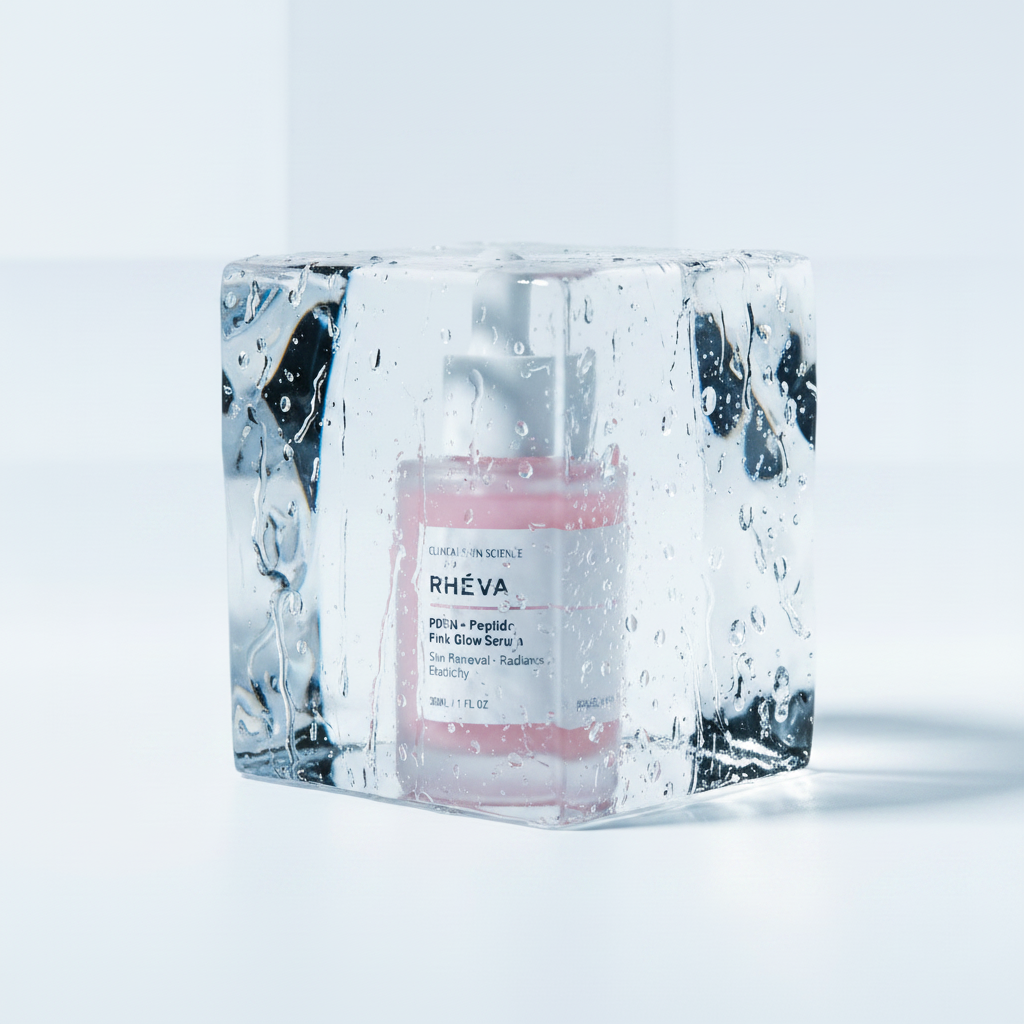 RHÉVA peptide & PDRN active serum bottle on white background with Ice Block