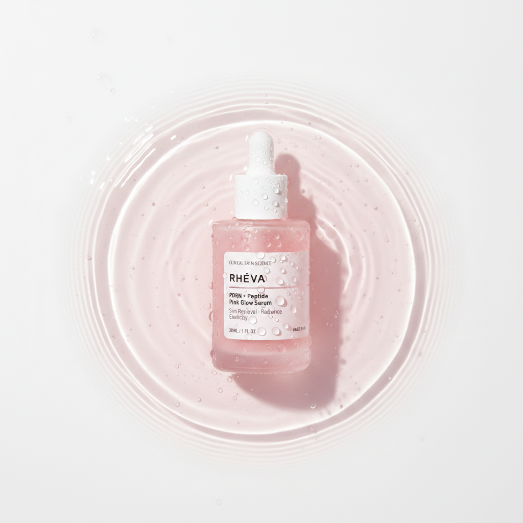 RHÉVA peptide & PDRN active serum bottle on white background with Water Ripple